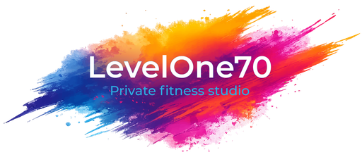 LevelOne70‑logo met kleurrijke penseelstreek in blauw, oranje, roze en paars voor privé fitnessstudio Level170.